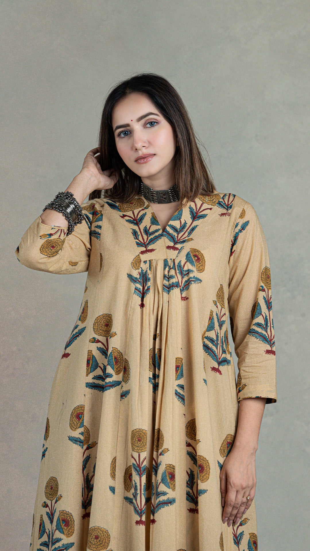 Peony Hand Block Cotton Kurta - Beige