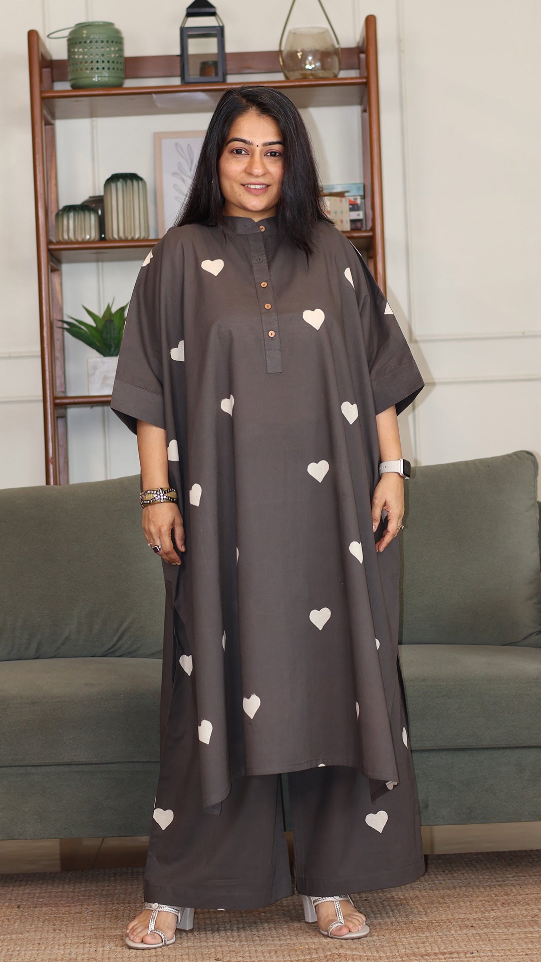 Himani Hand Block Cotton Kaftan Co-ord - Grey