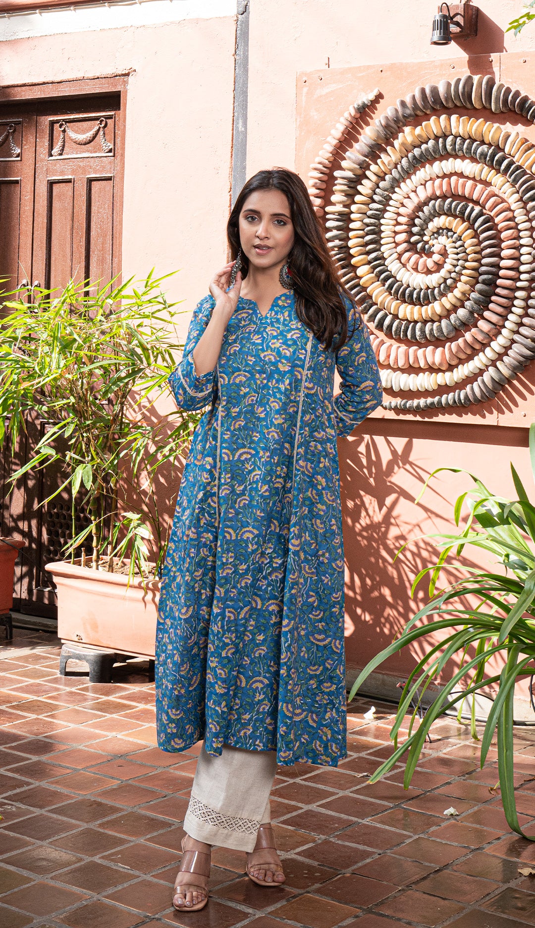 Roza Sanganeri Kali Cotton Kurta - Blue