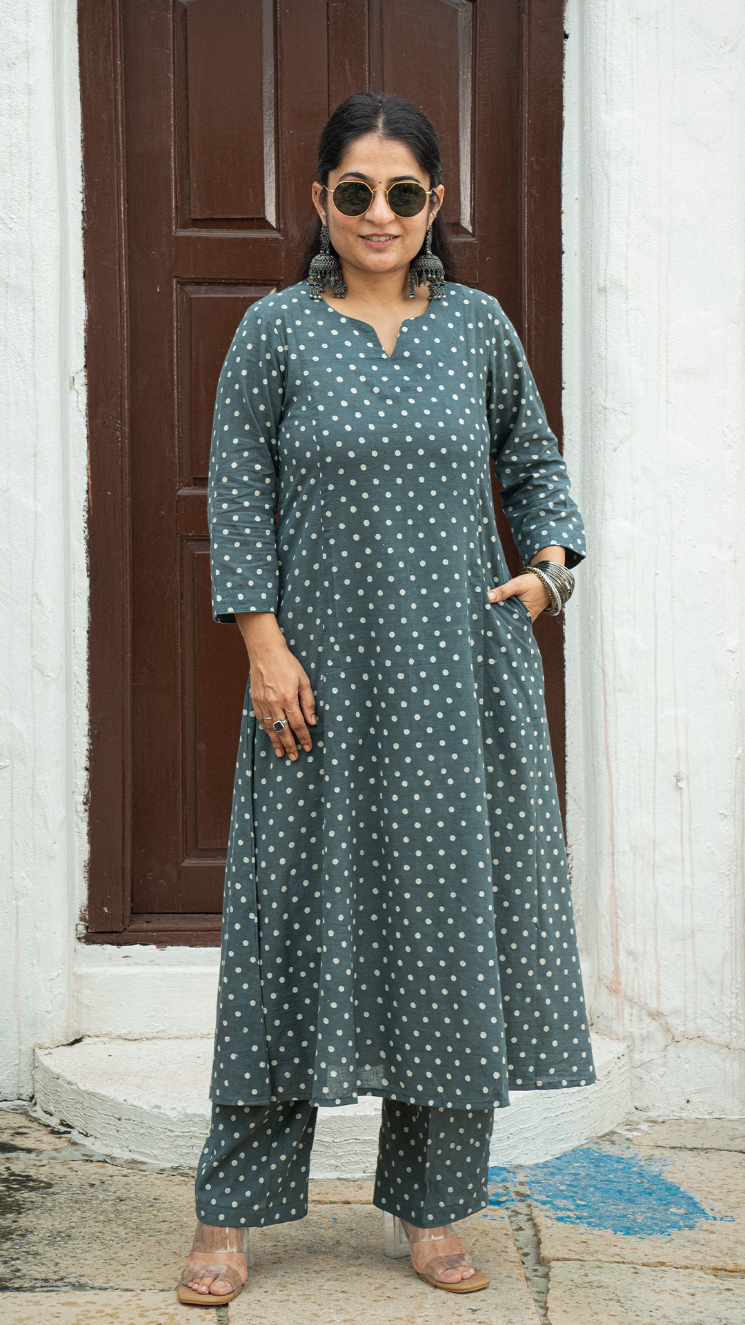Grey and White Polka Dots Kali Cotton Kurta In Cotton