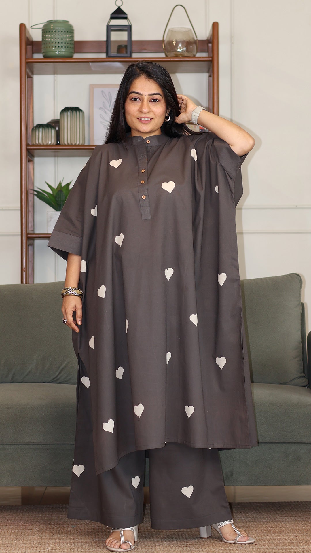 Himani Hand Block Cotton Kaftan Co-ord - Grey