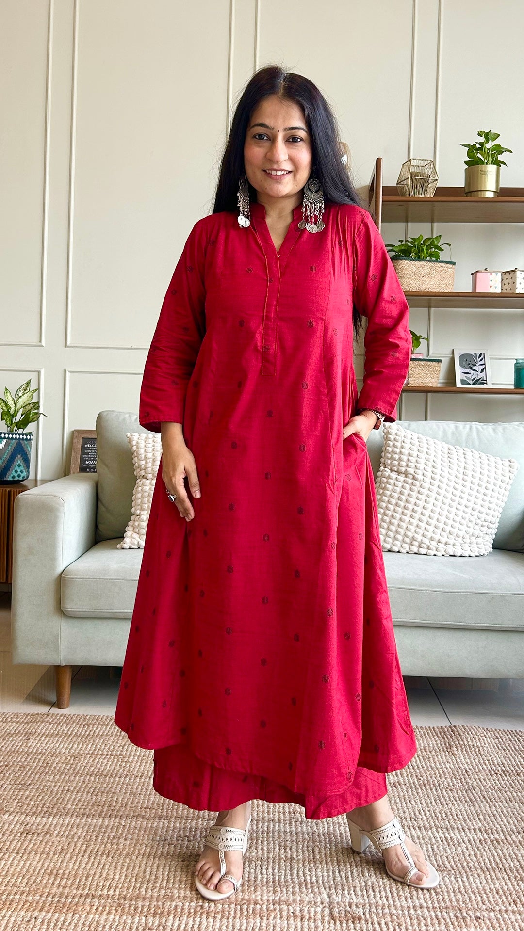 Simran Red Hand Woven Kali Cotton Kurta