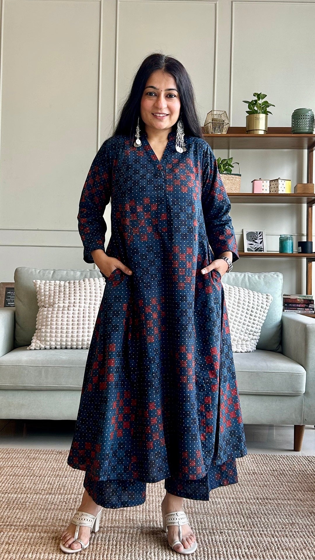 Sayeli Ajrakh Handblock Kali Kurta - Indigo