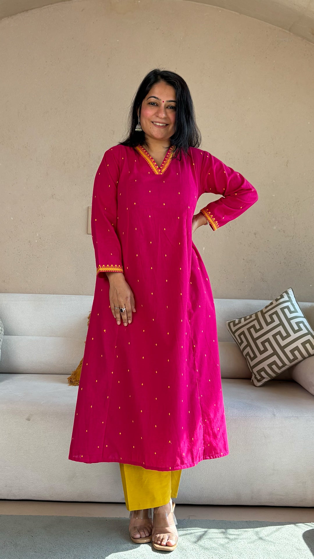 Mahira Bright Pink Hand Woven Cotton Kurta