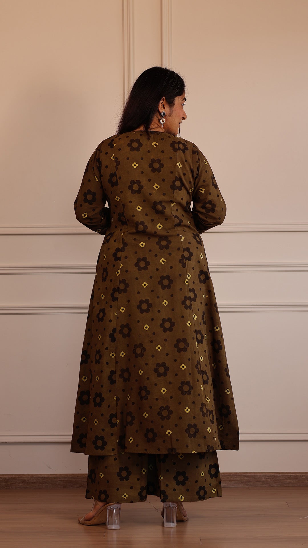 Vedashree Ajrakh Cotton Hand Block Kurta Set- Brown Floral