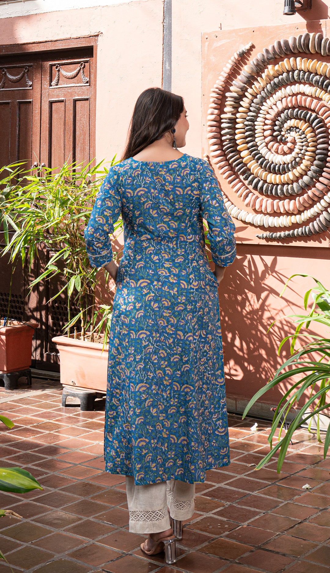 Roza Sanganeri Kali Cotton Kurta - Blue