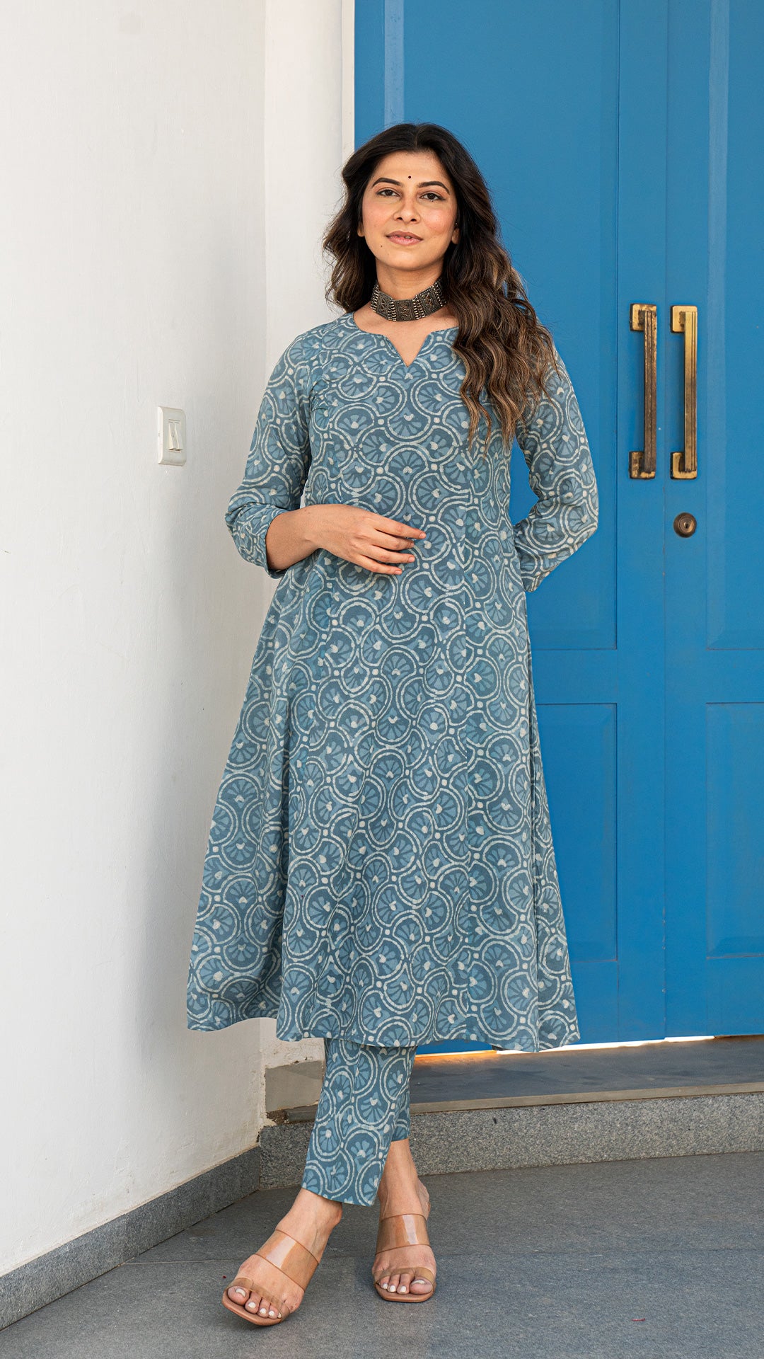 Mousam Hand Block Kali Cotton Kurta -Ice Blue