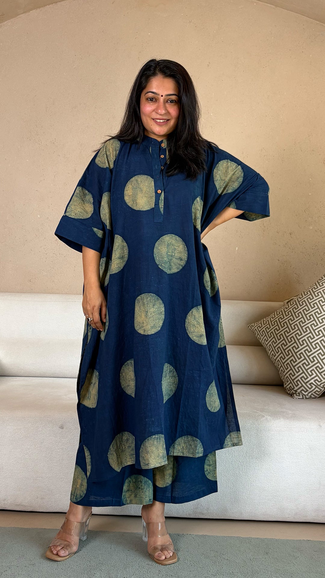 Indigo Polka Dots Ajrakh kaftan co-ord In Cotton