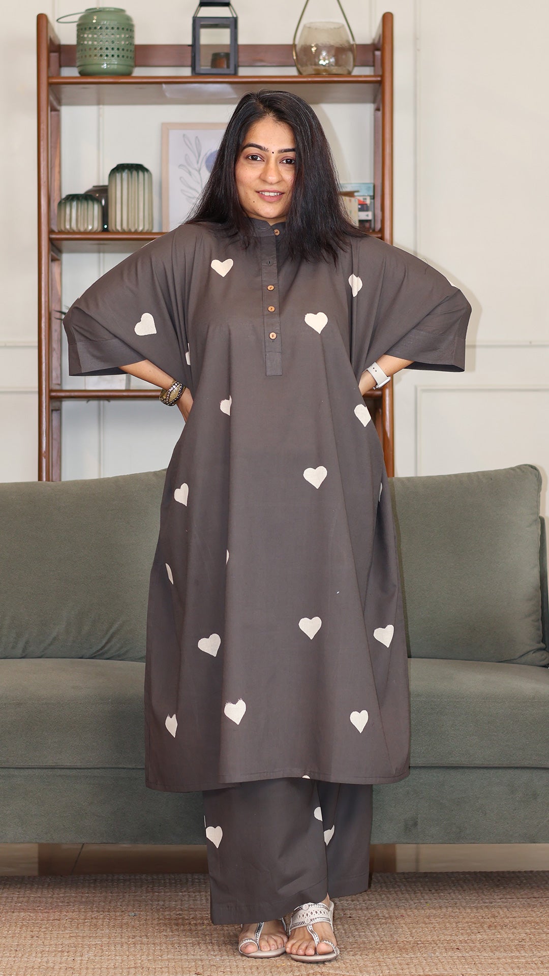 Himani Hand Block Cotton Kaftan Co-ord - Grey