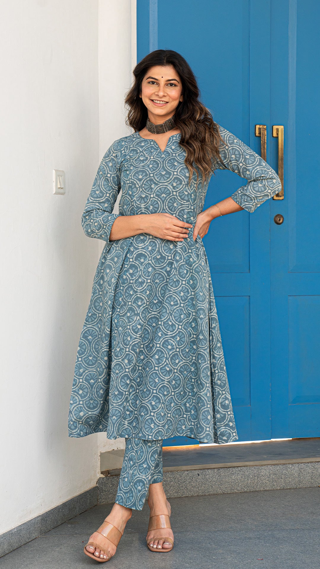 Mousam Hand Block Kali Cotton Kurta -Ice Blue