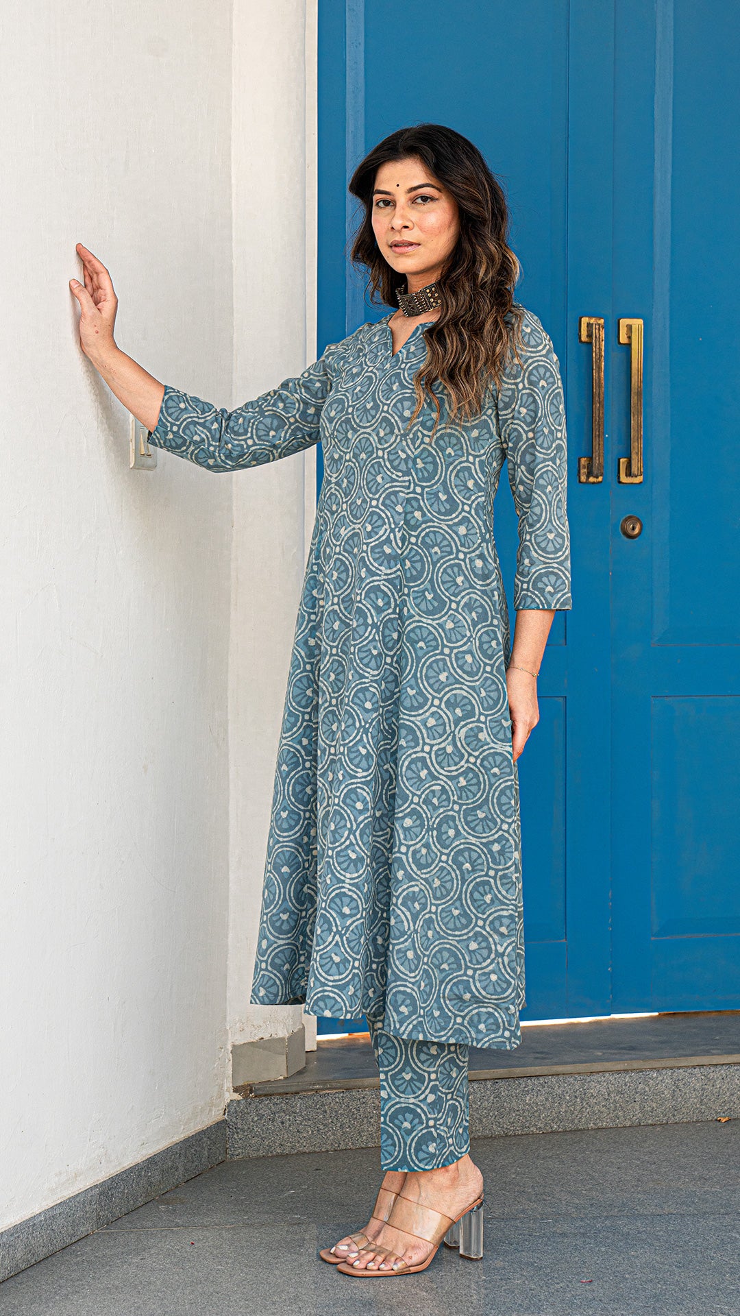 Mousam Hand Block Kali Cotton Kurta -Ice Blue