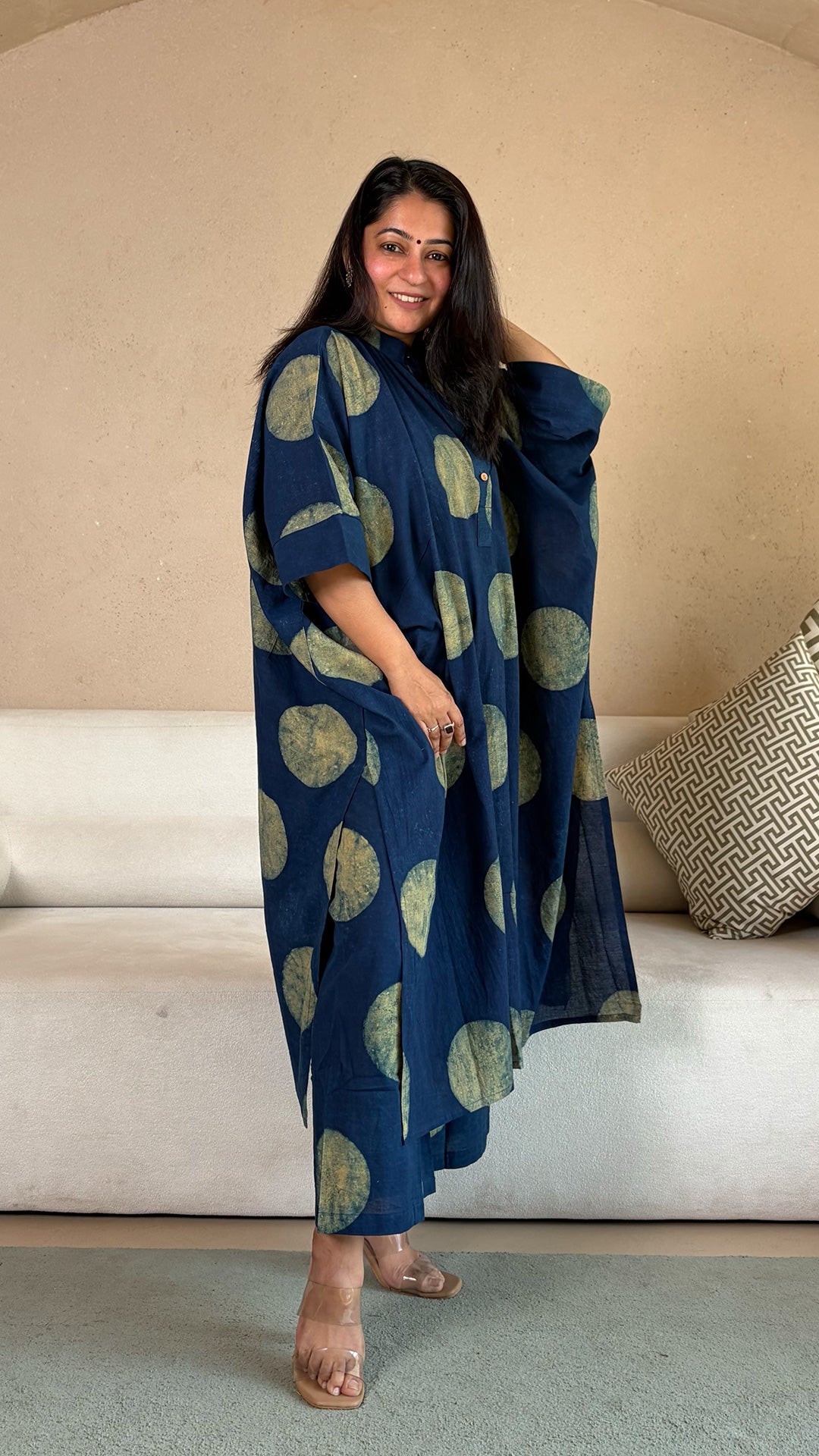 Indigo Polka Dots Ajrakh kaftan co-ord In Cotton