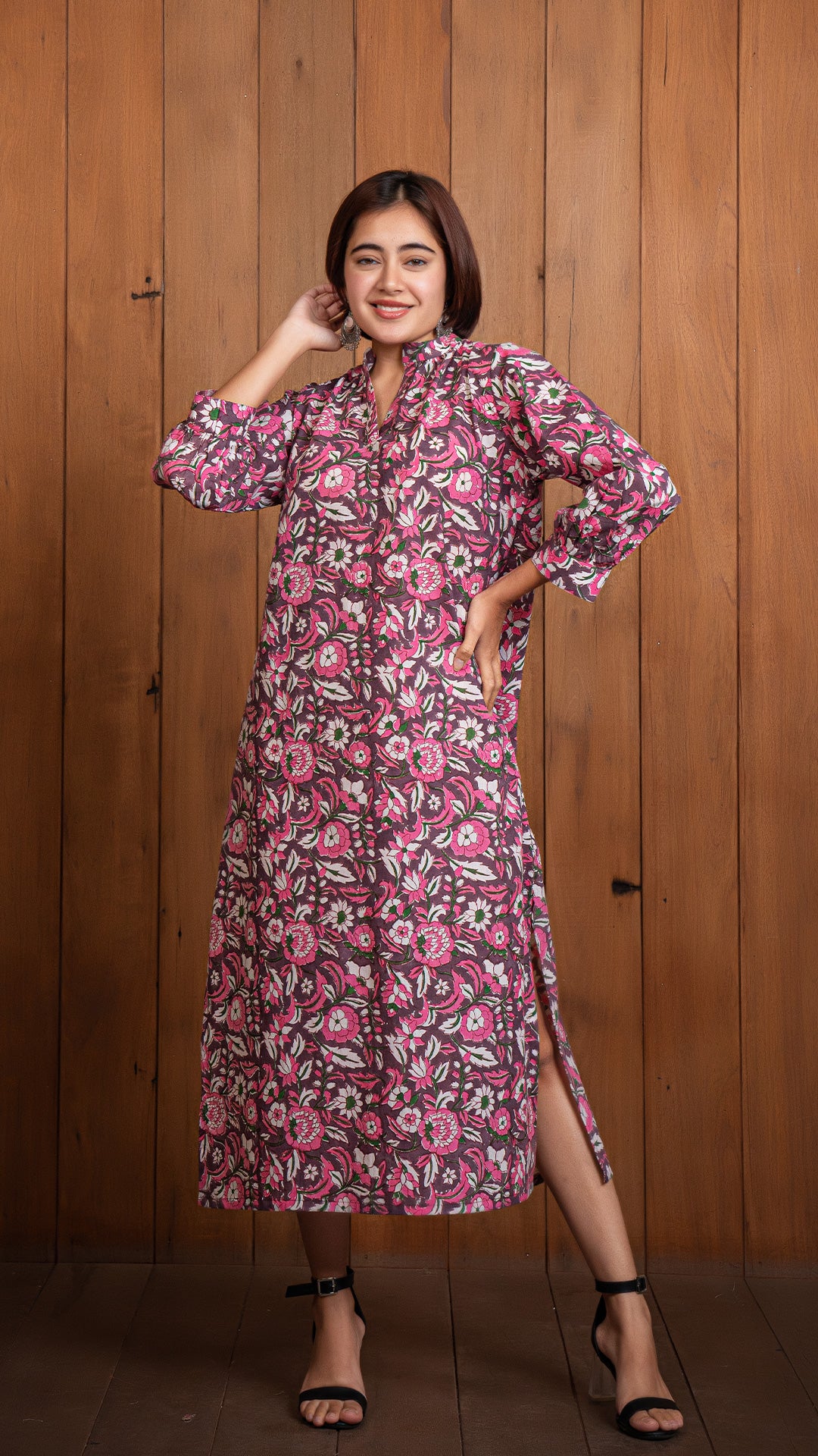 Yashvi Sanganeri Hand Block Cotton Tunic Dress - Magenta/Pink