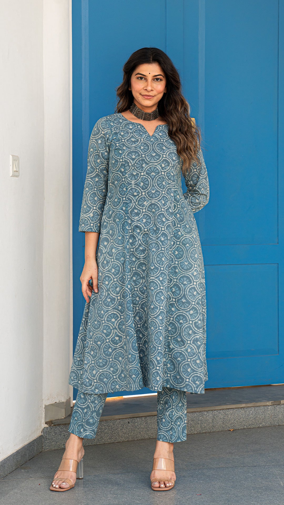 Mousam Hand Block Kali Cotton Kurta -Ice Blue