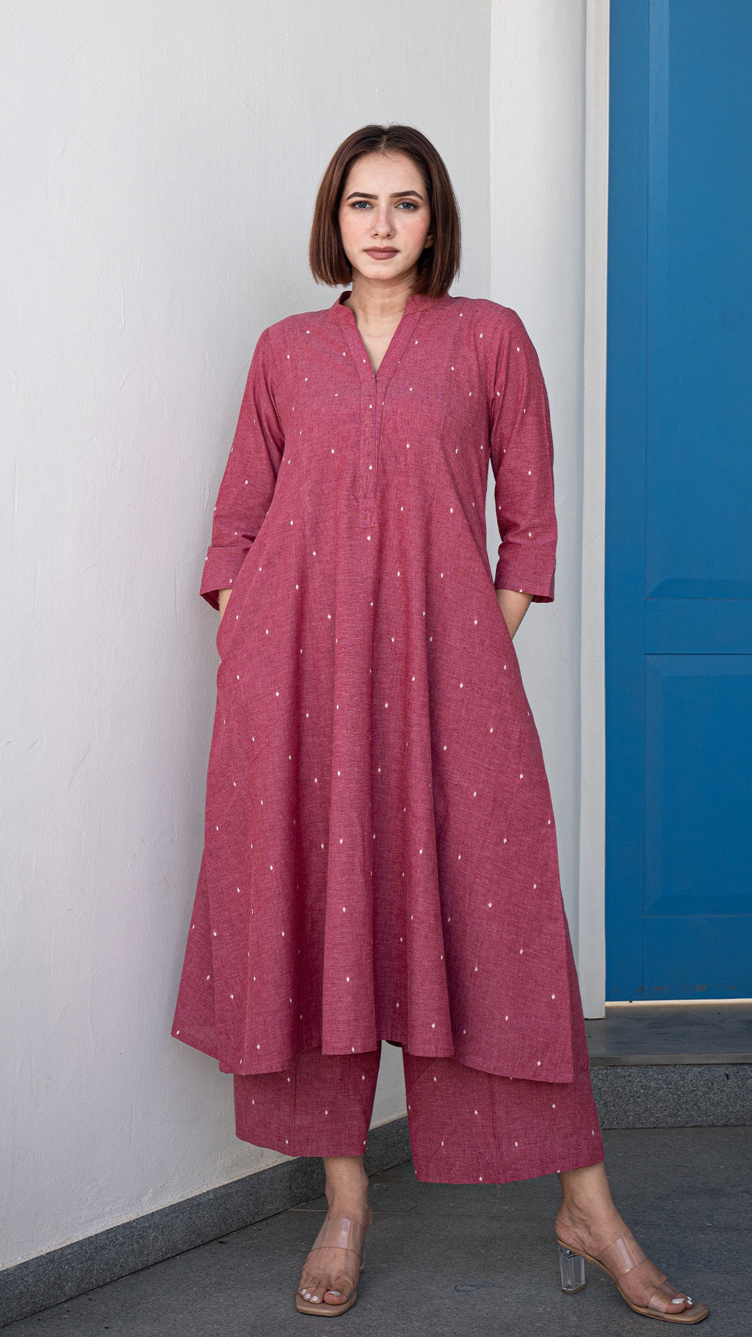 Aarvi Hand Woven Kali Cotton Kurta - Pink