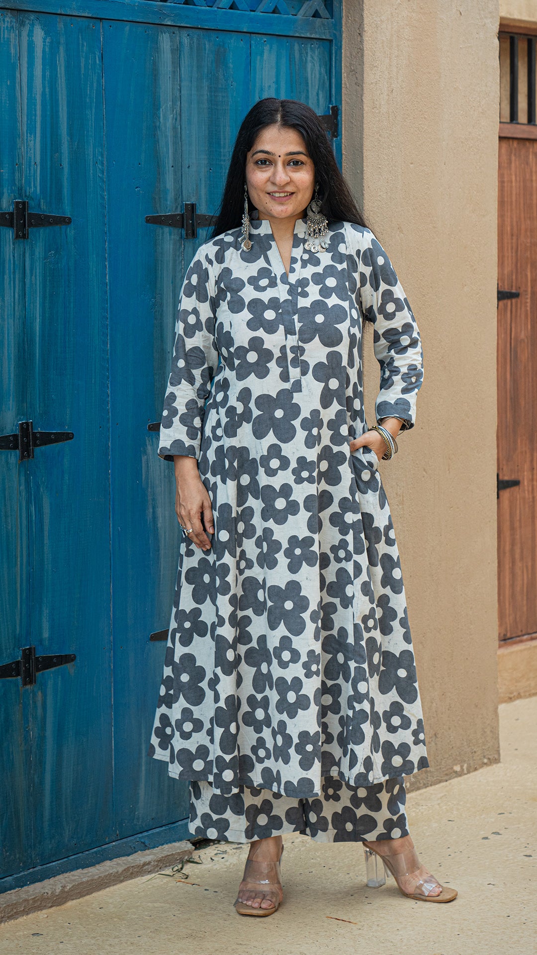 Rhea - Grey Floral Kali Kurta In Cotton