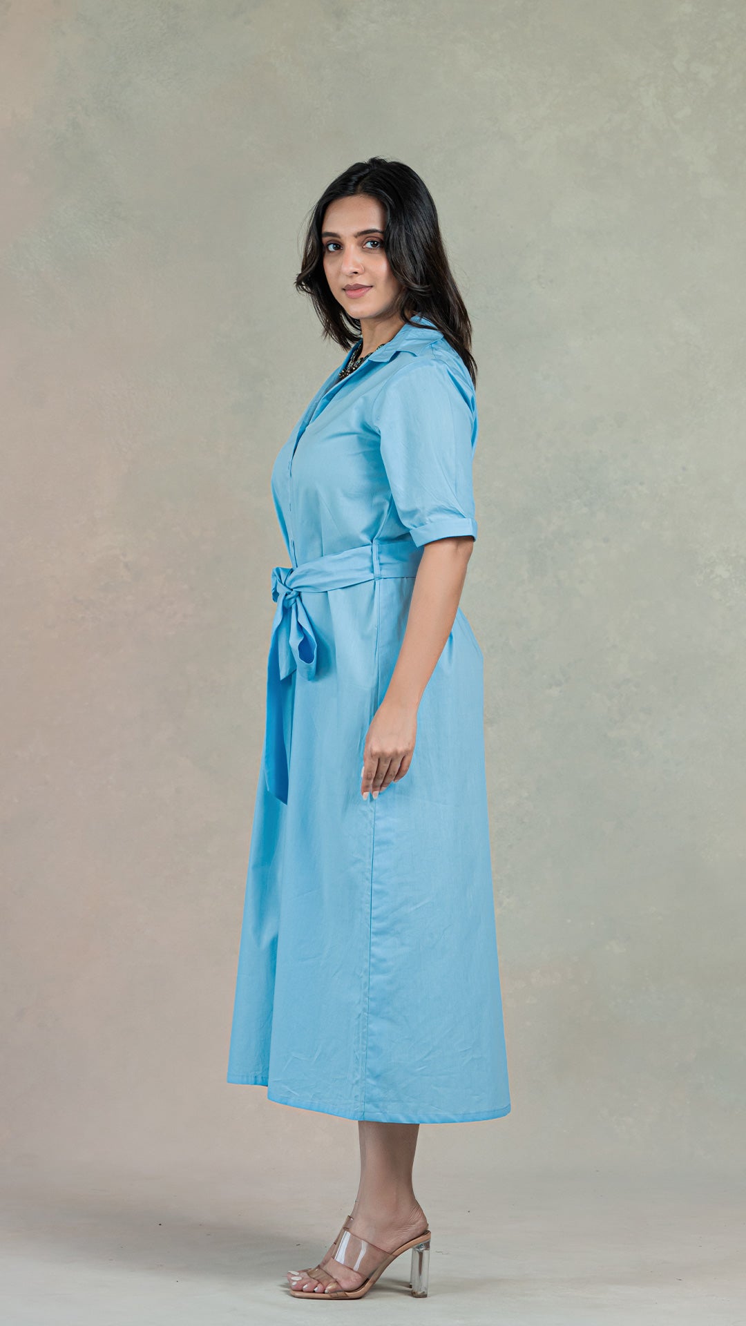 Light Blue Shirt Dress With Belt In Organic Cotton