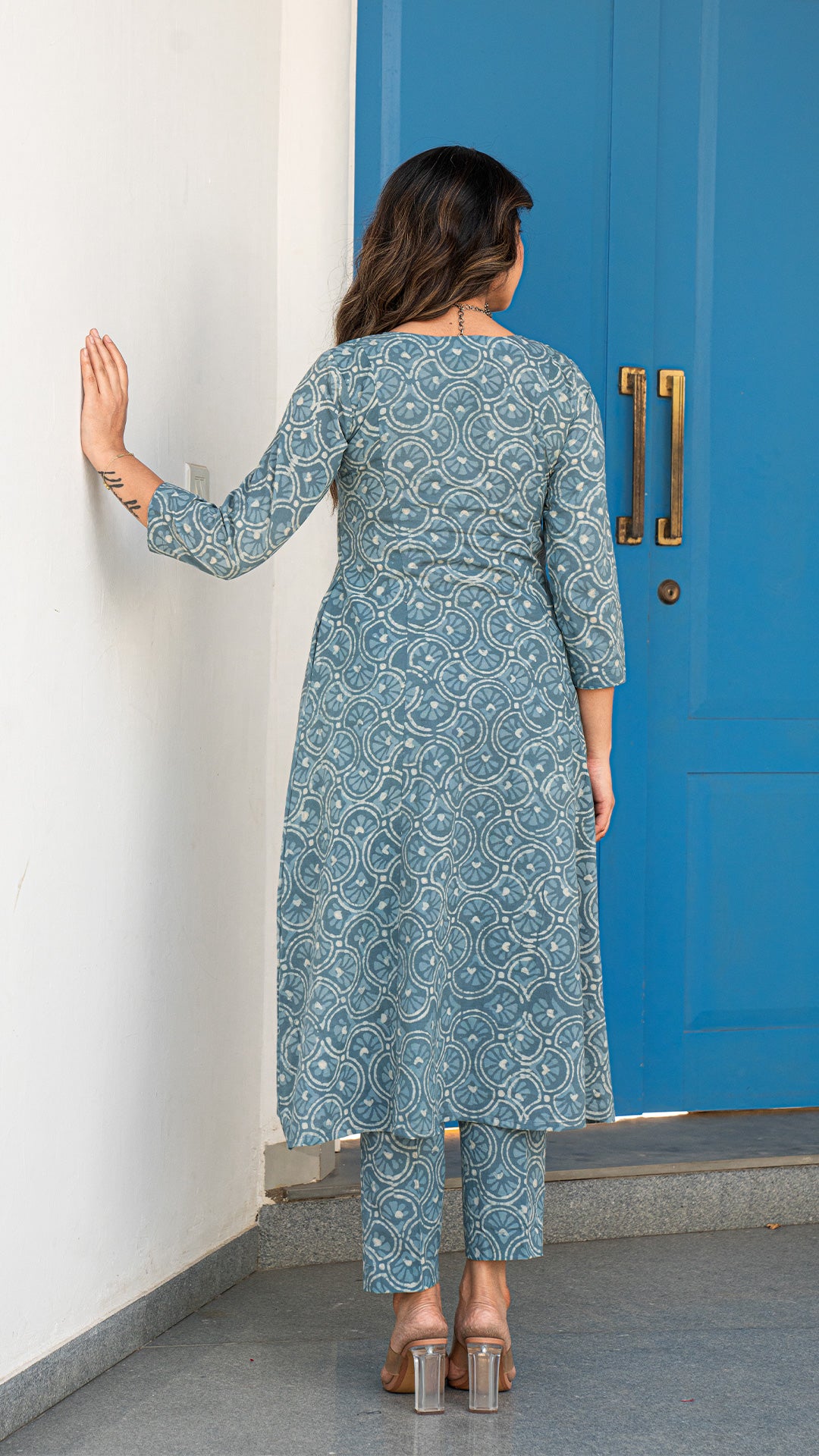 Mousam Hand Block Kali Cotton Kurta -Ice Blue