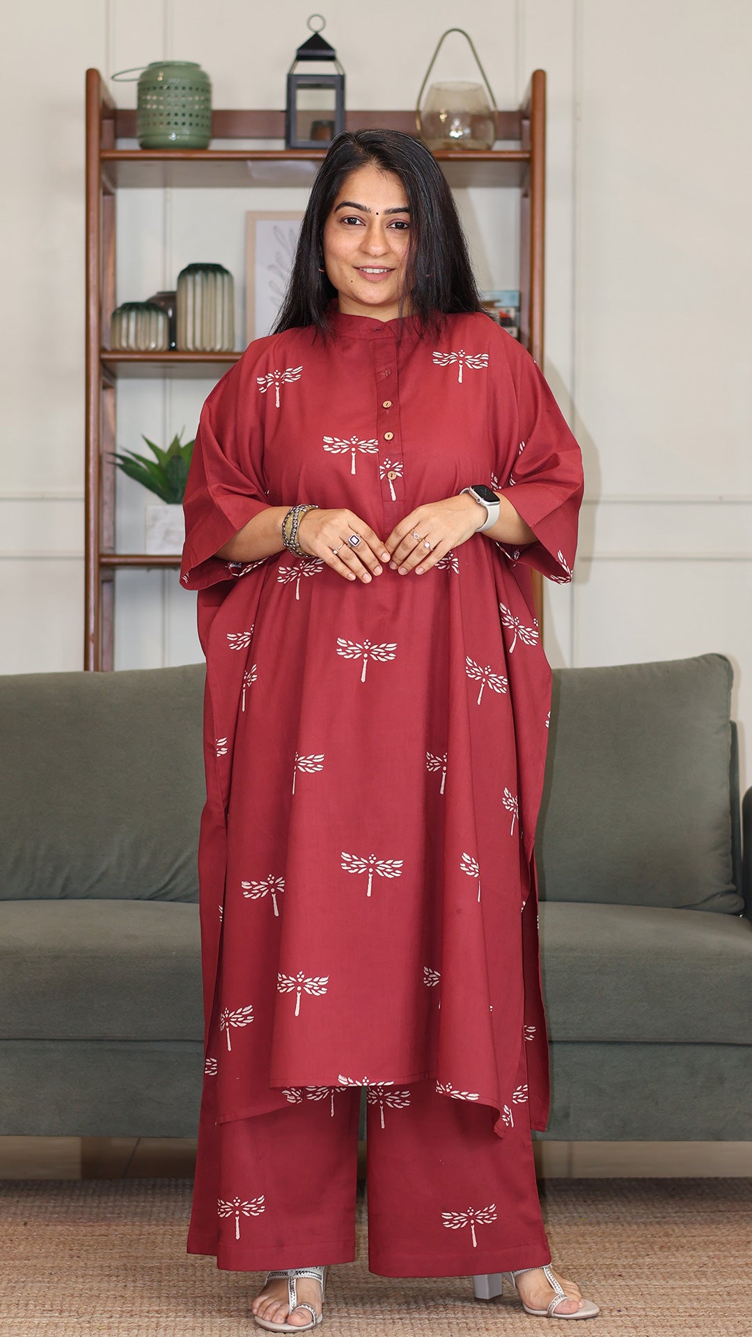 Rehana Hand Block Cotton Kaftan Co-ord - Brick Red