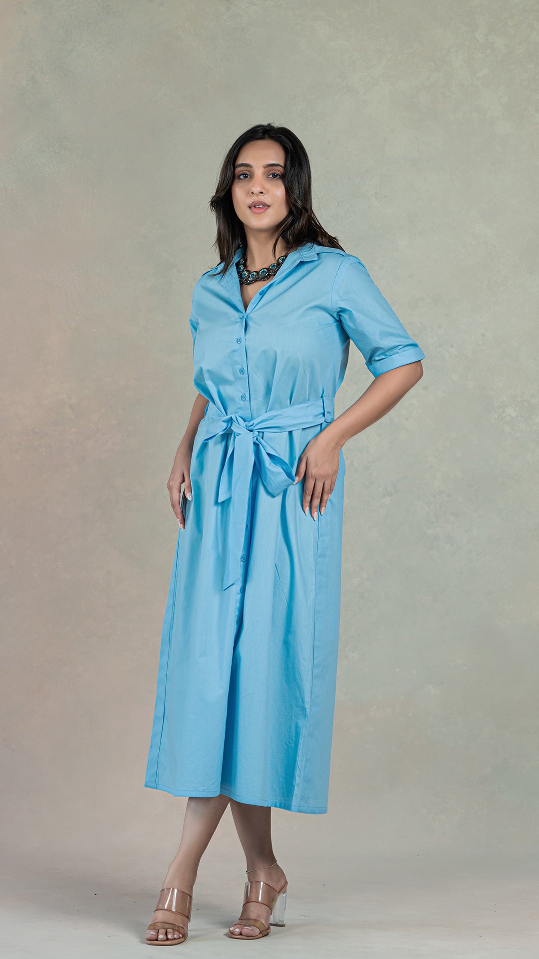 Light Blue Shirt Dress With Belt In Organic Cotton