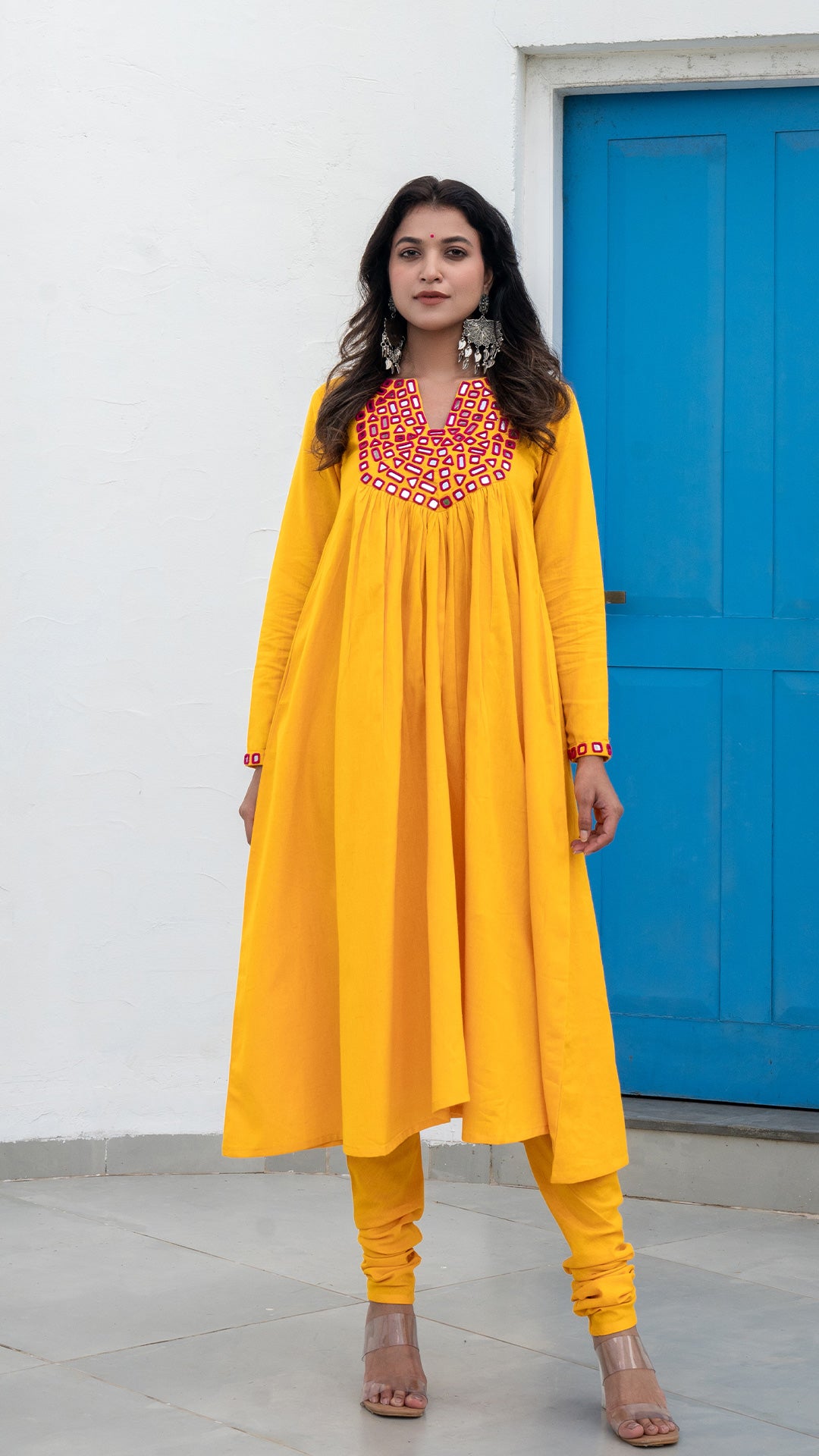 Yellow Mirror Embroidered Kurta In Cotton