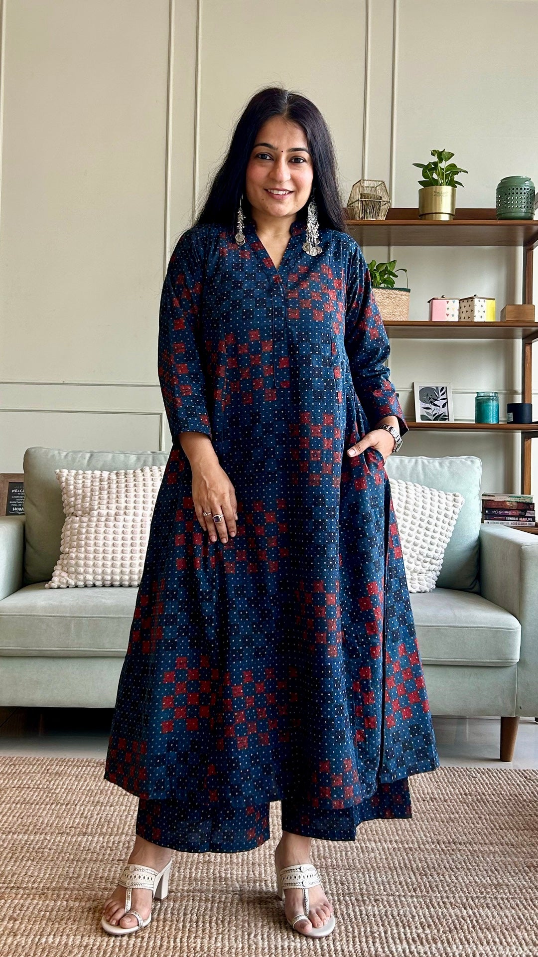 Sayeli Ajrakh Handblock Kali Kurta - Indigo