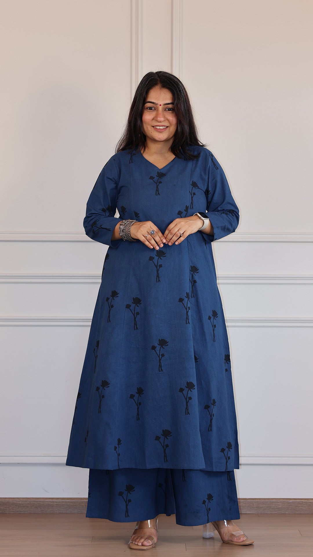 Aanvi Ajrakh Cotton Hand Block Kurta Set- Indigo/Black Floral