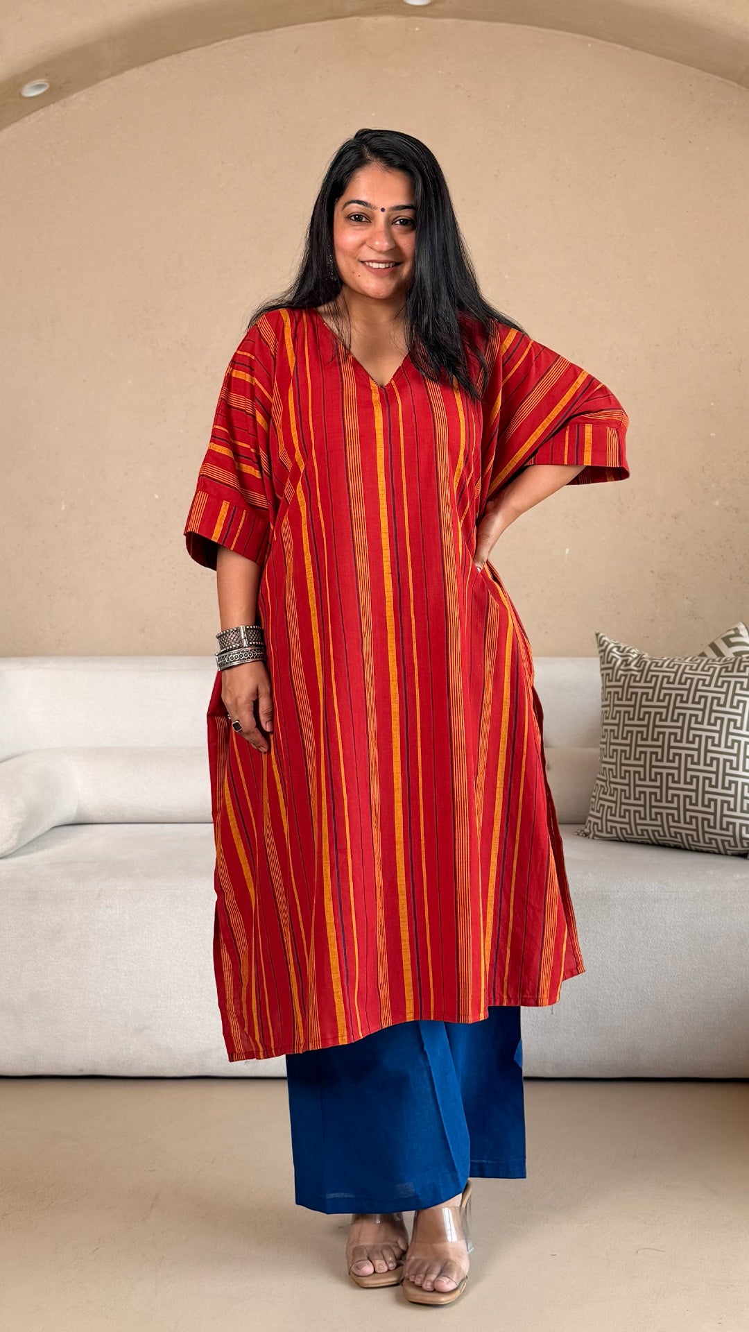 Rucha Stripes Kaftan Co-ord In Handwoven Cotton - Red