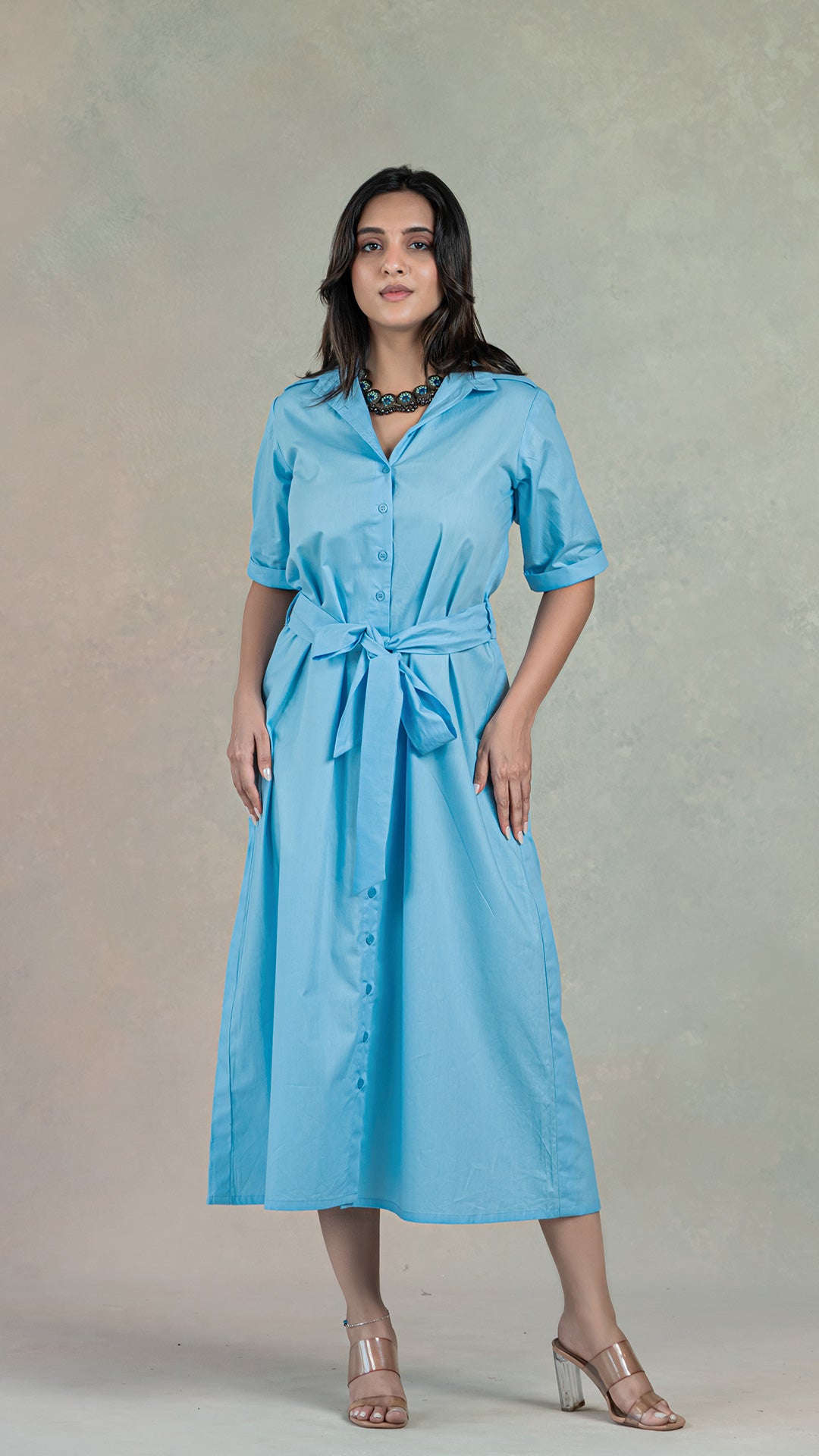 Light Blue Shirt Dress With Belt In Organic Cotton