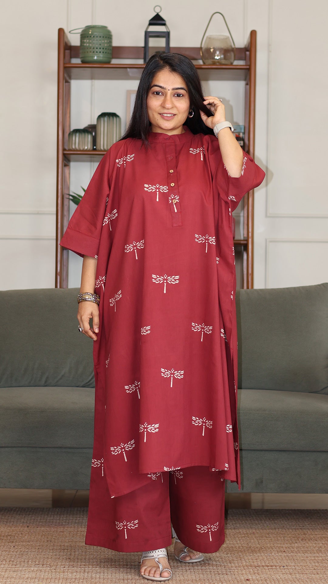 Rehana Hand Block Cotton Kaftan Co-ord - Brick Red