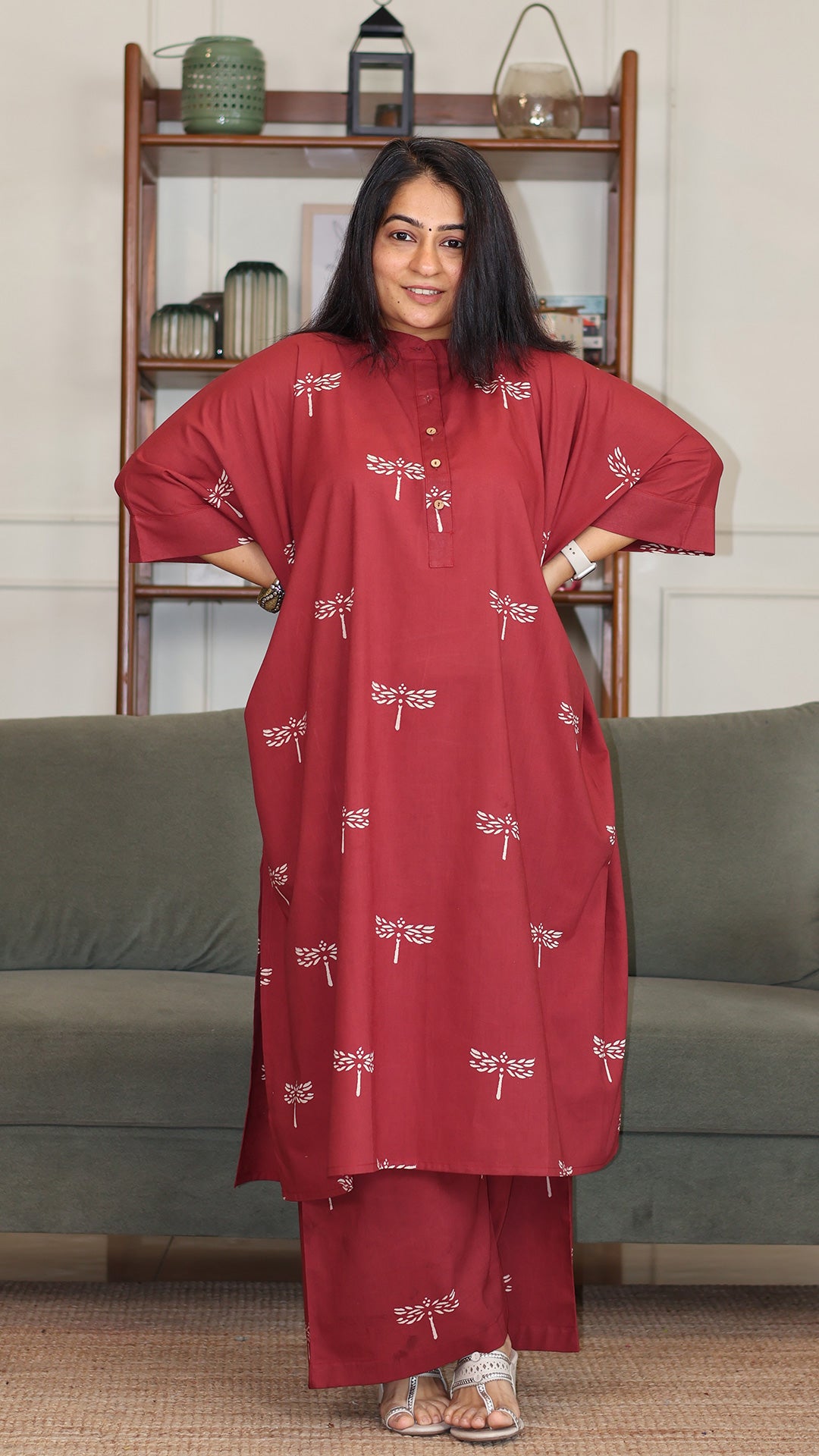 Rehana Hand Block Cotton Kaftan Co-ord - Brick Red