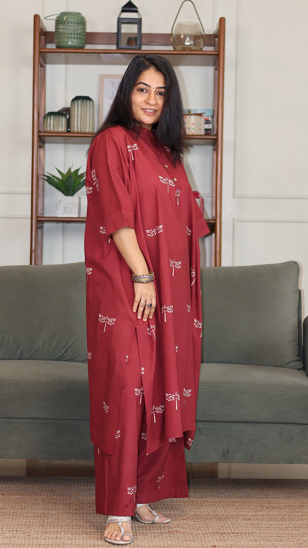 Rehana Hand Block Cotton Kaftan Co-ord - Brick Red