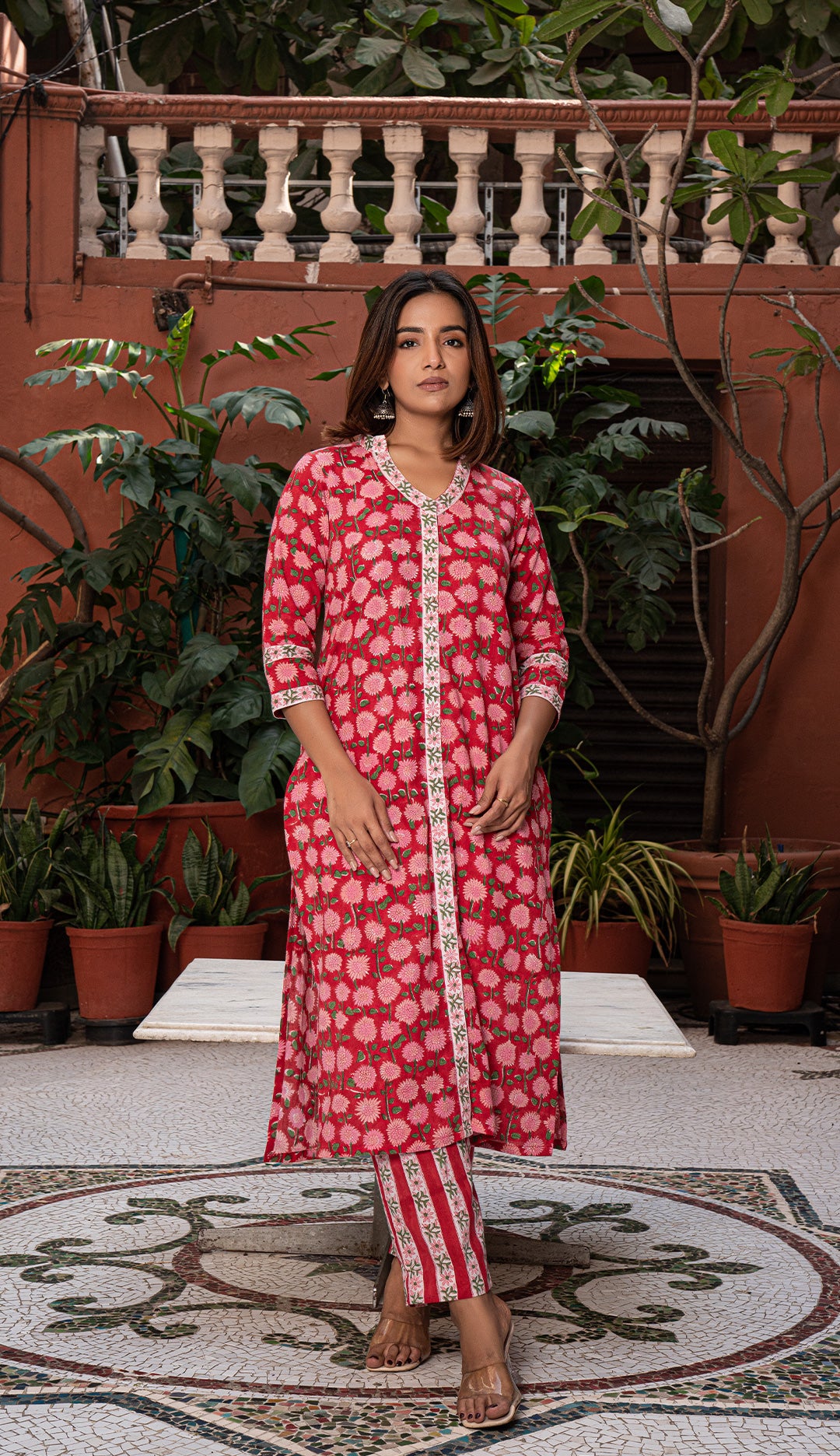 Nusrat Sanganeri Hand Block Cotton Kurta - Red