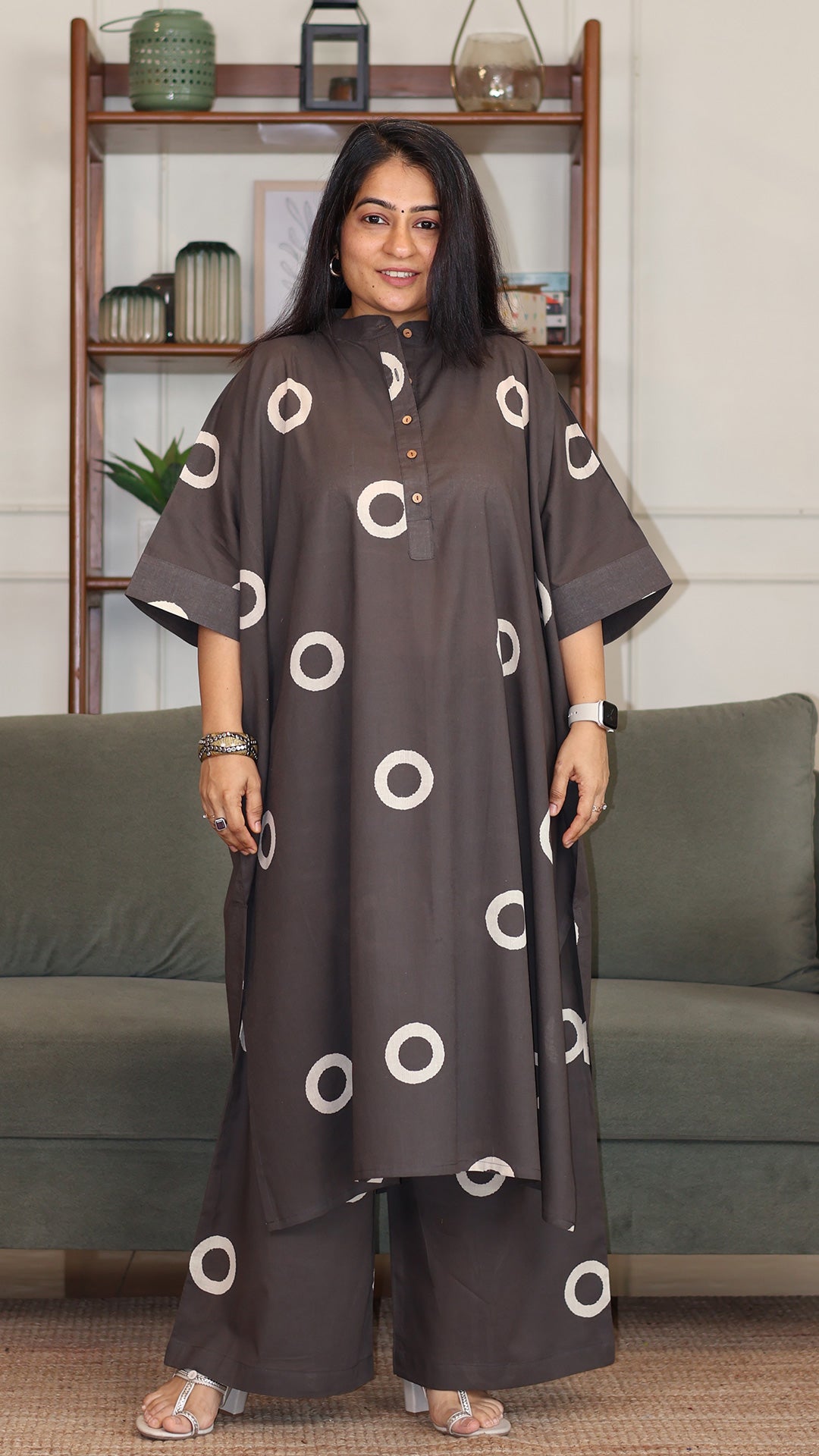 Grey - White Circles Hand Block Cotton Kaftan Co-ord