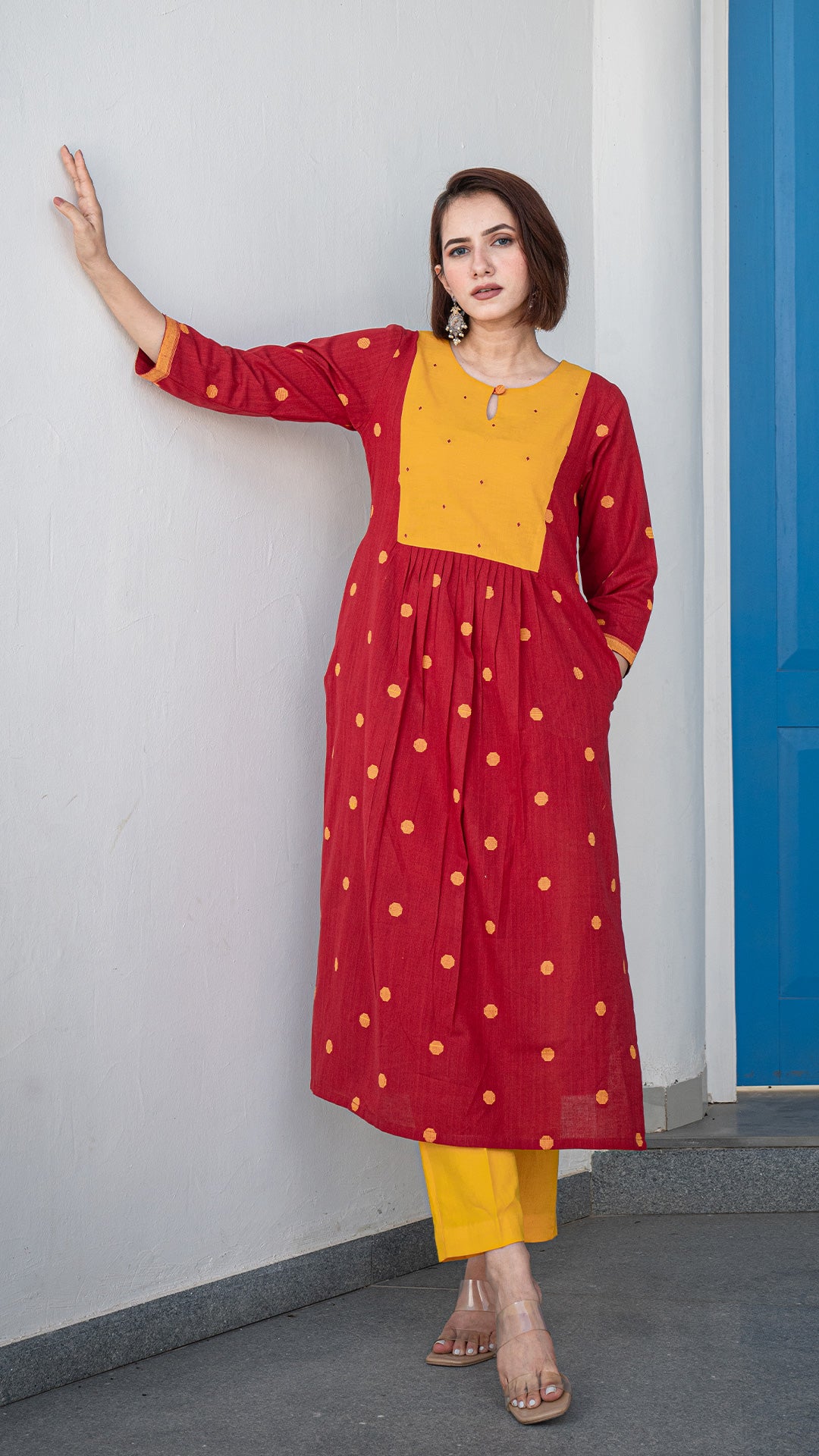 Natasha Hand Woven Cotton Kurta - Red