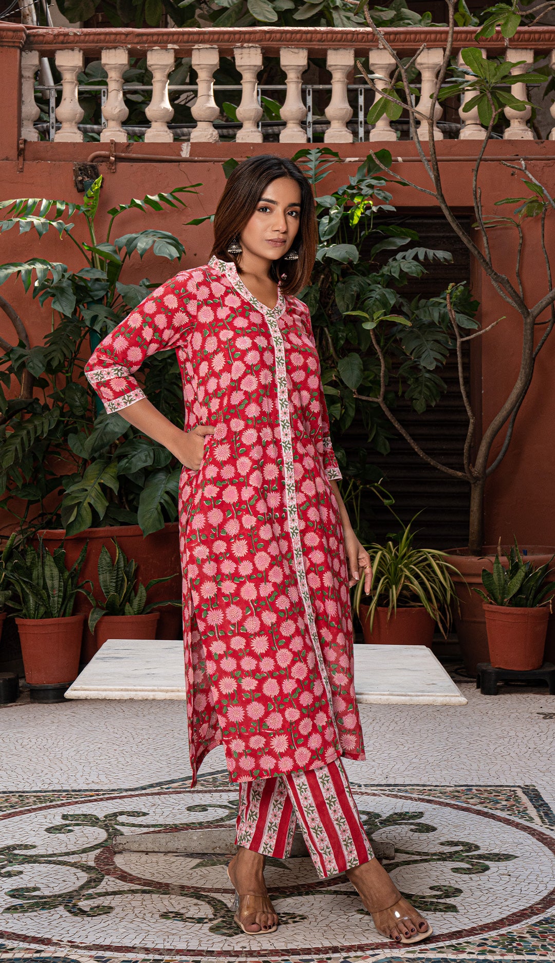 Nusrat Sanganeri Hand Block Cotton Kurta - Red