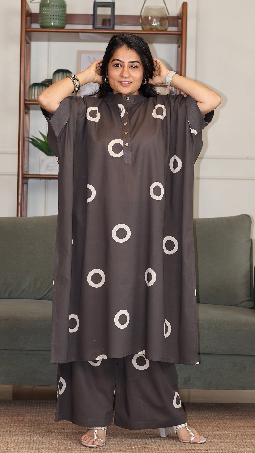 Grey - White Circles Hand Block Cotton Kaftan Co-ord