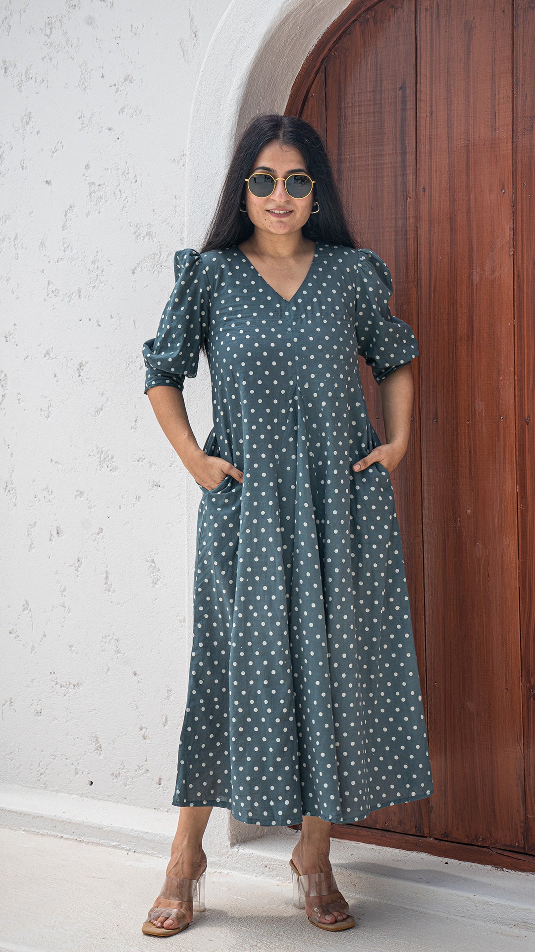 Prisha Polka Dots Hand Block Cotton Dress - Grey