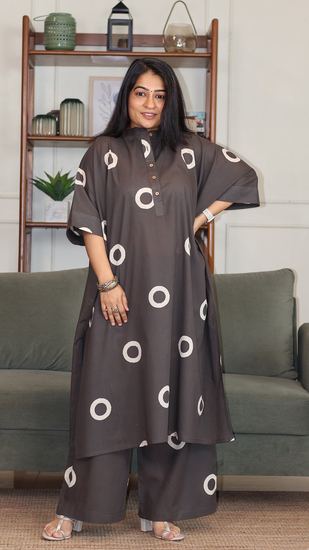 Grey - White Circles Hand Block Cotton Kaftan Co-ord