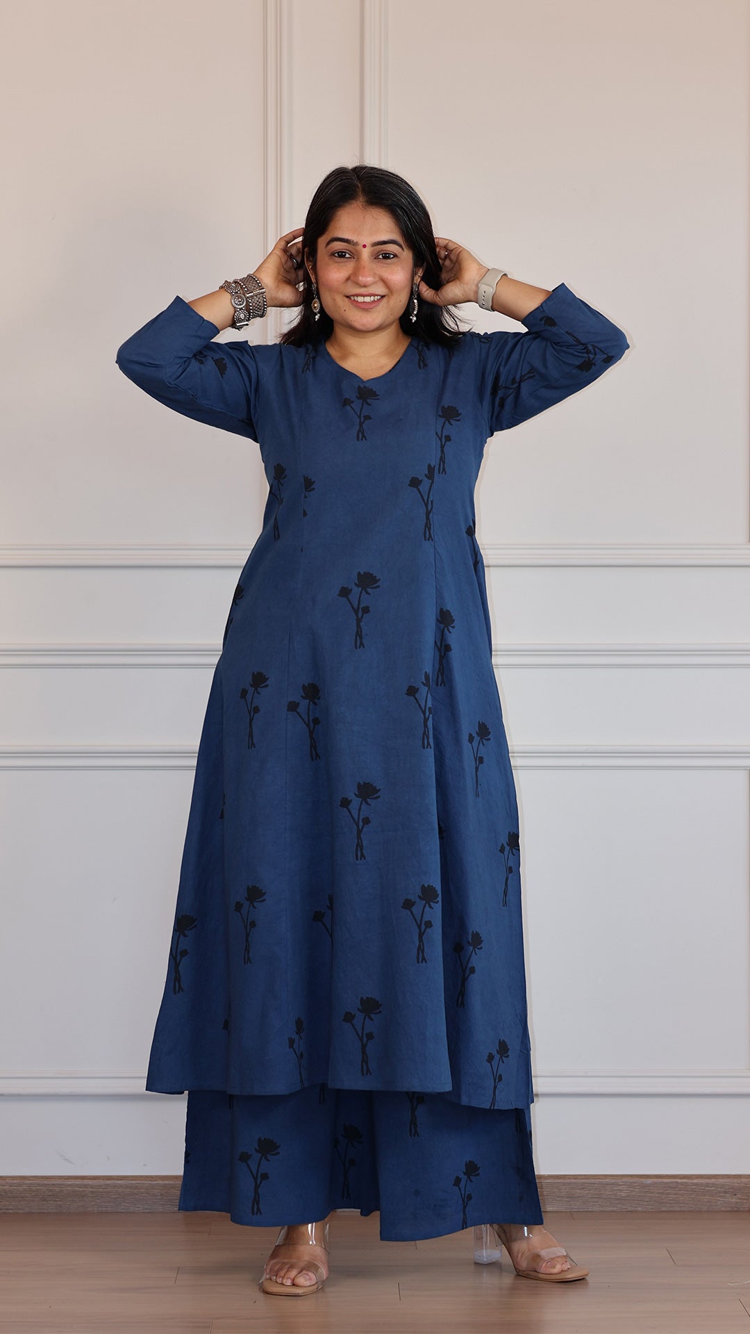 Aanvi Ajrakh Cotton Hand Block Kurta Set- Indigo/Black Floral