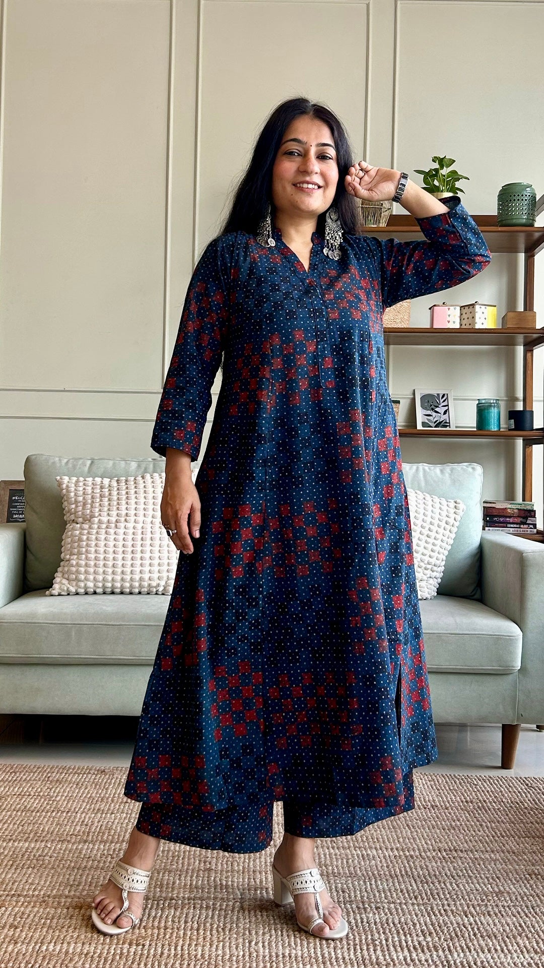 Sayeli Ajrakh Handblock Kali Kurta - Indigo