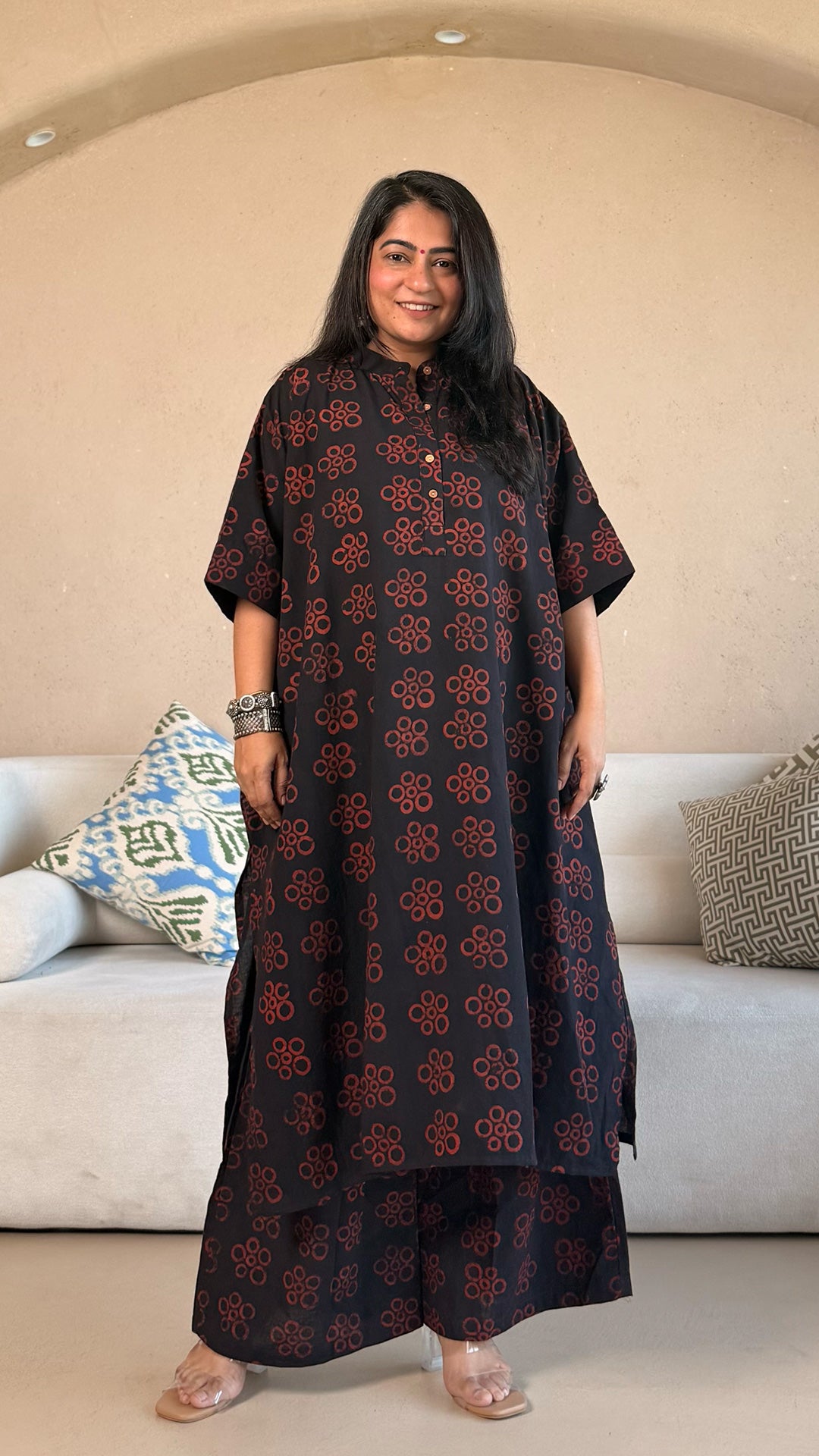 Kareena Ajrakh Cotton Kaftan Co-ord - Black/Maroon