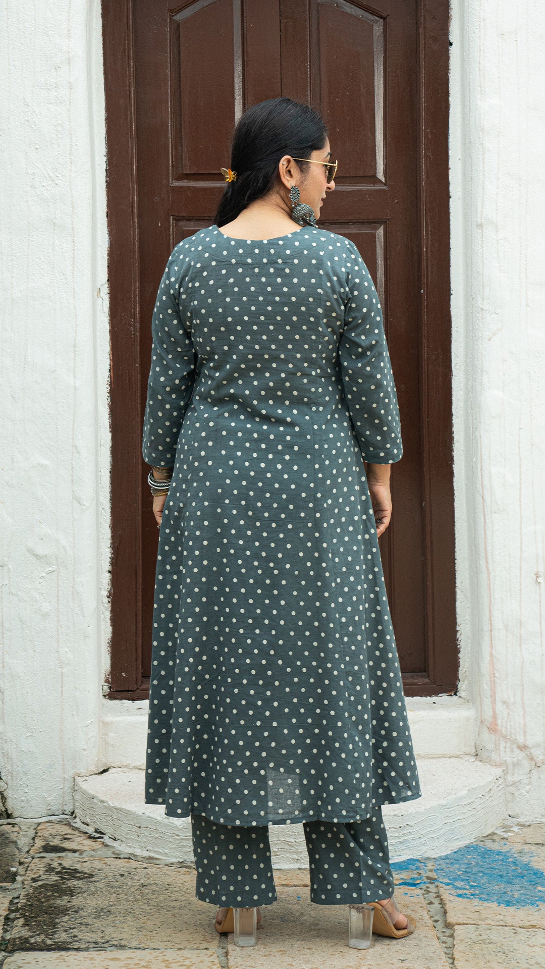Grey and White Polka Dots Kali Cotton Kurta In Cotton