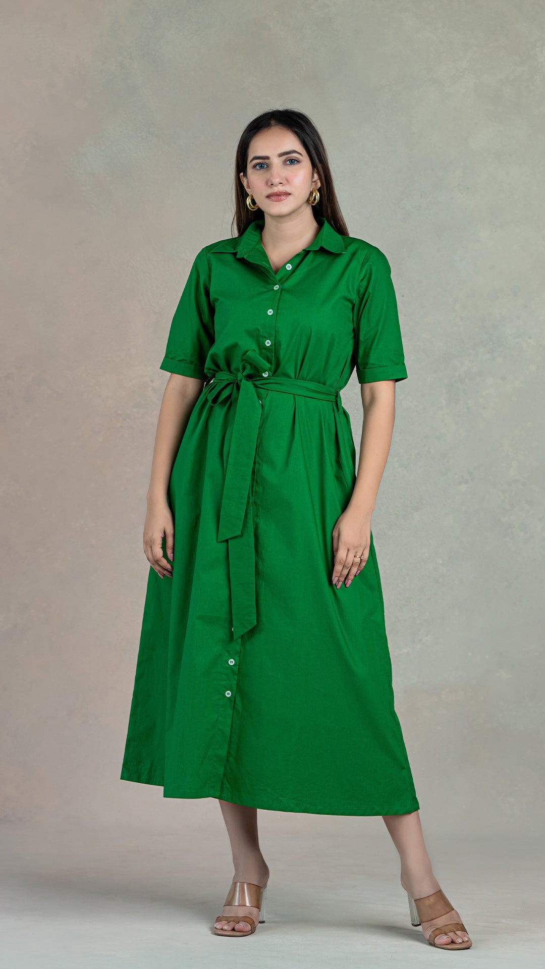 Dark Green Shirt Dress With Belt In Organic Cotton