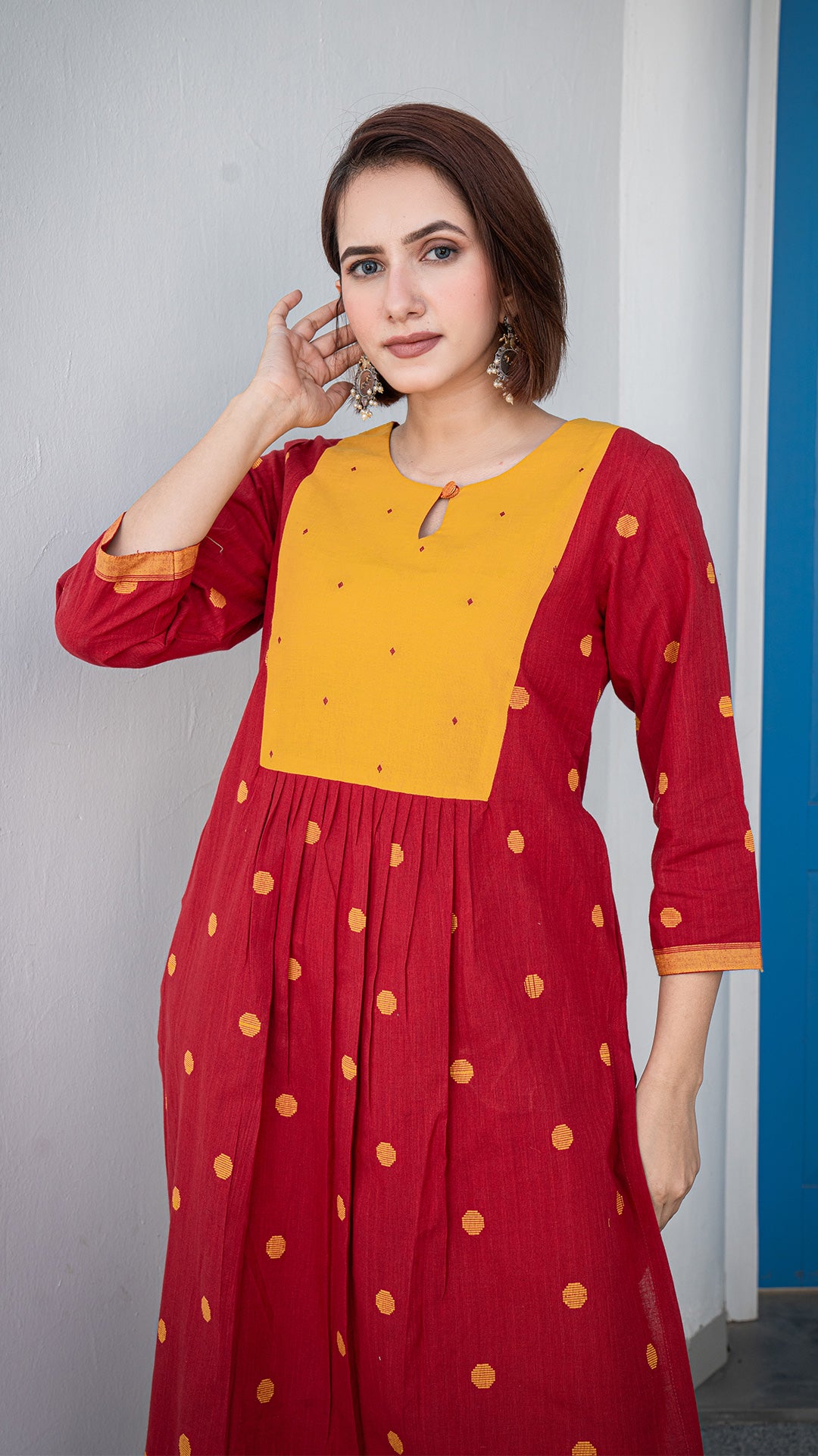 Natasha Hand Woven Cotton Kurta - Red