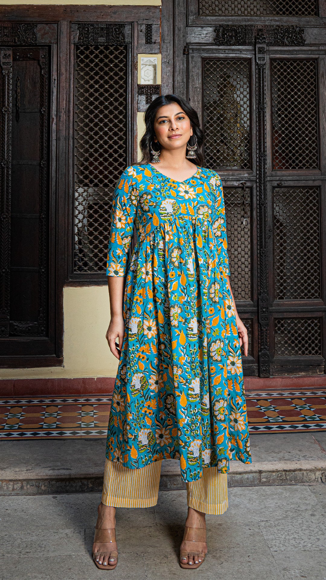 Nimrat Sanganeri Hand Block Cotton Kurta - Turquoise