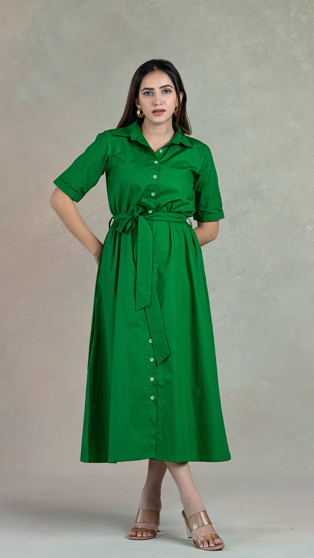 Dark Green Shirt Dress With Belt In Organic Cotton