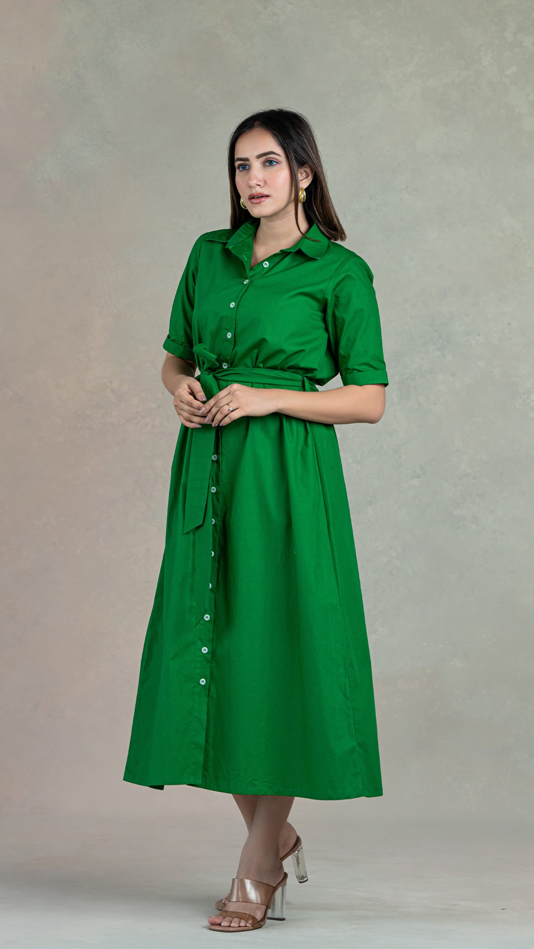 Dark Green Shirt Dress With Belt In Organic Cotton