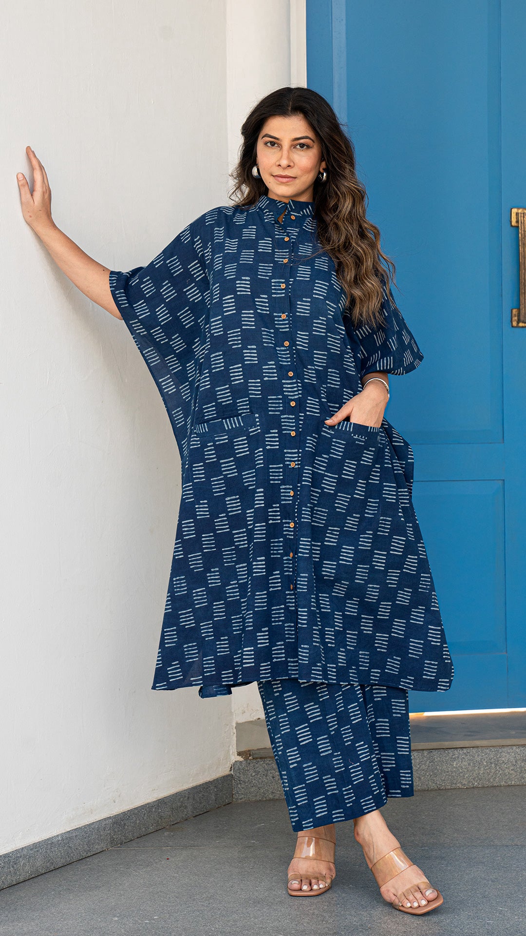 Mirah Indigo Dabu Kaftan Co-ord Set In Cotton