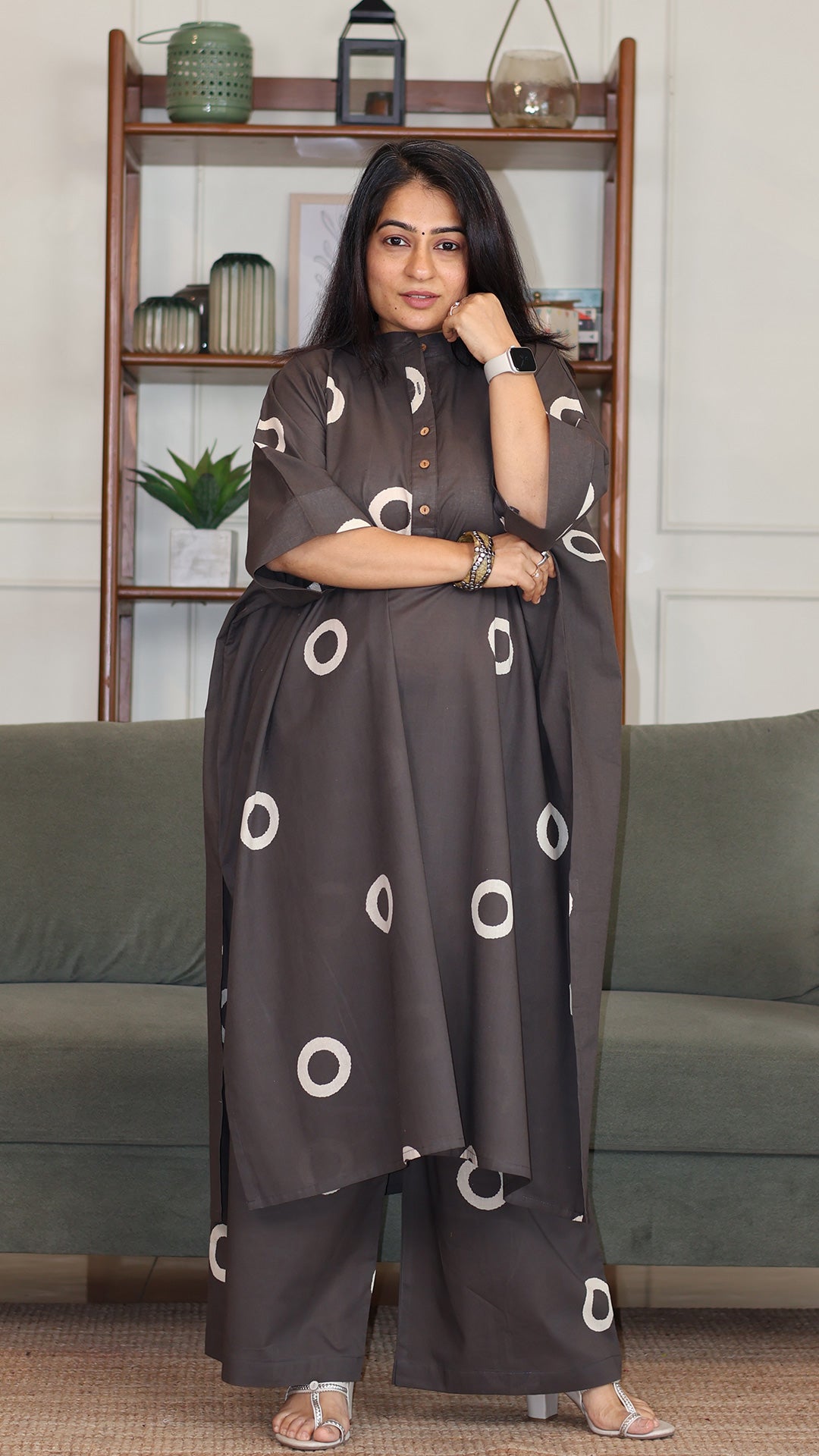 Grey - White Circles Hand Block Cotton Kaftan Co-ord